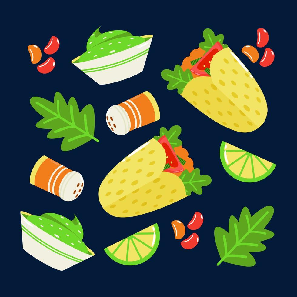 Mexican food. Burrito, red bean, avocado jam pattern vector