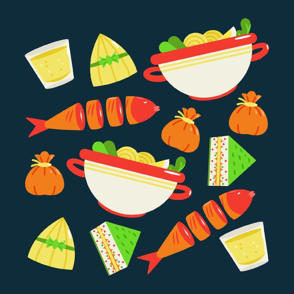 Korean food. Bibimbap, grilled fish and drink pattern vector