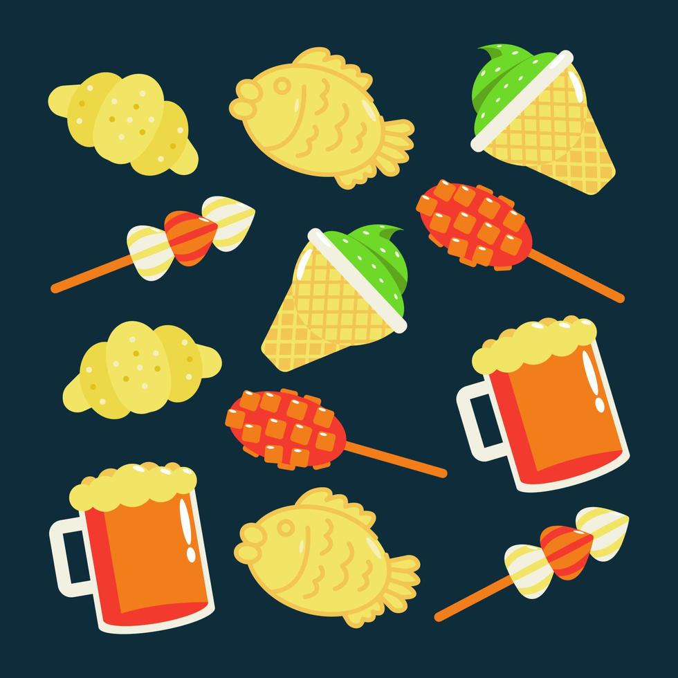 Korean street food. Pattern of corn hot dogs, buns, ice cream and beer vector