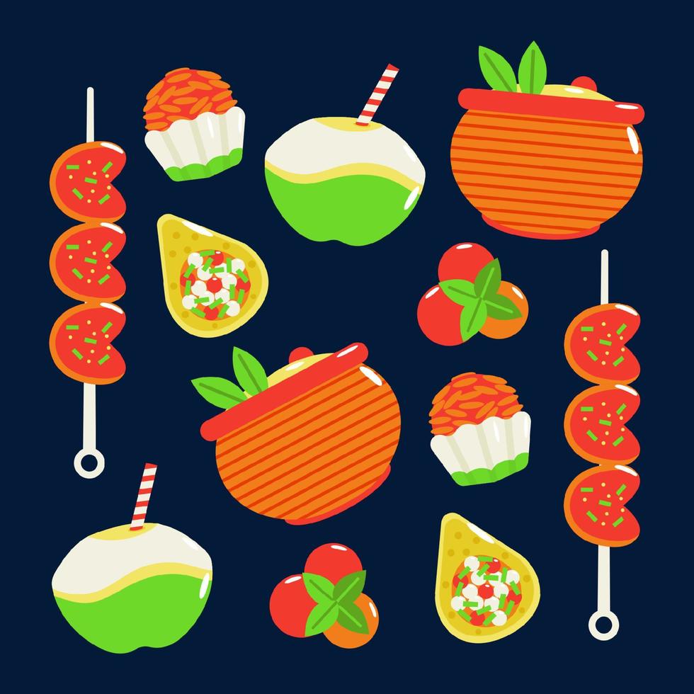 Brazilian food. Barbecue, soup, young coconut water and chocolate cake pattern vector