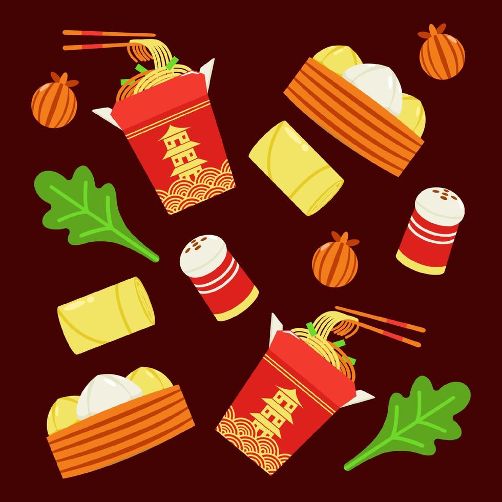 Chinese food. Boxed noodles, steamed buns, fried rolls and vegetables pattern vector