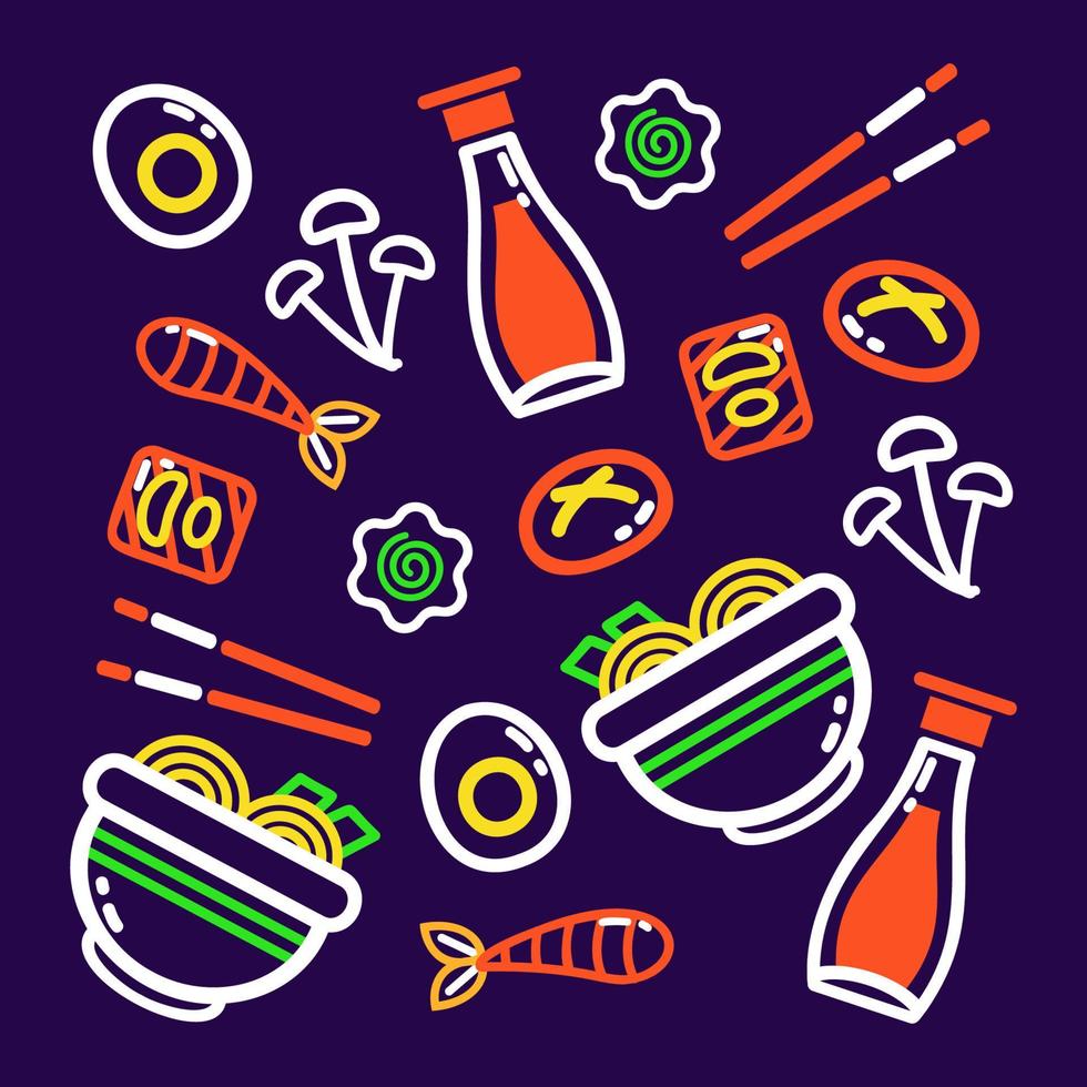 Japanese food. Ramen, soy sauce, egg and shrimp outline pattern vector