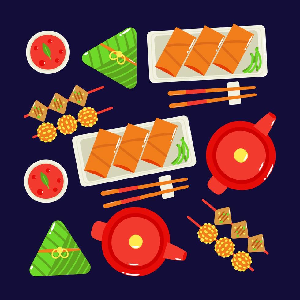 Chinese food. Fried spring rolls, snacks and tea pattern vector