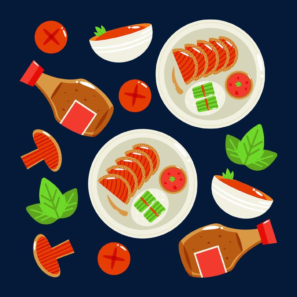 Chinese food, pieces of peking duck with crispy skin and soy sauce pattern vector