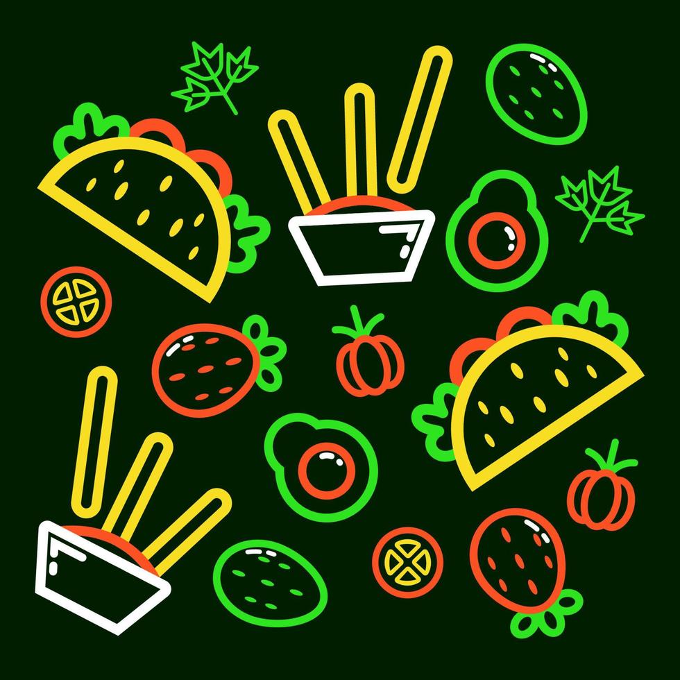 Mexican food, fried cheese sticks and tacos outline pattern vector