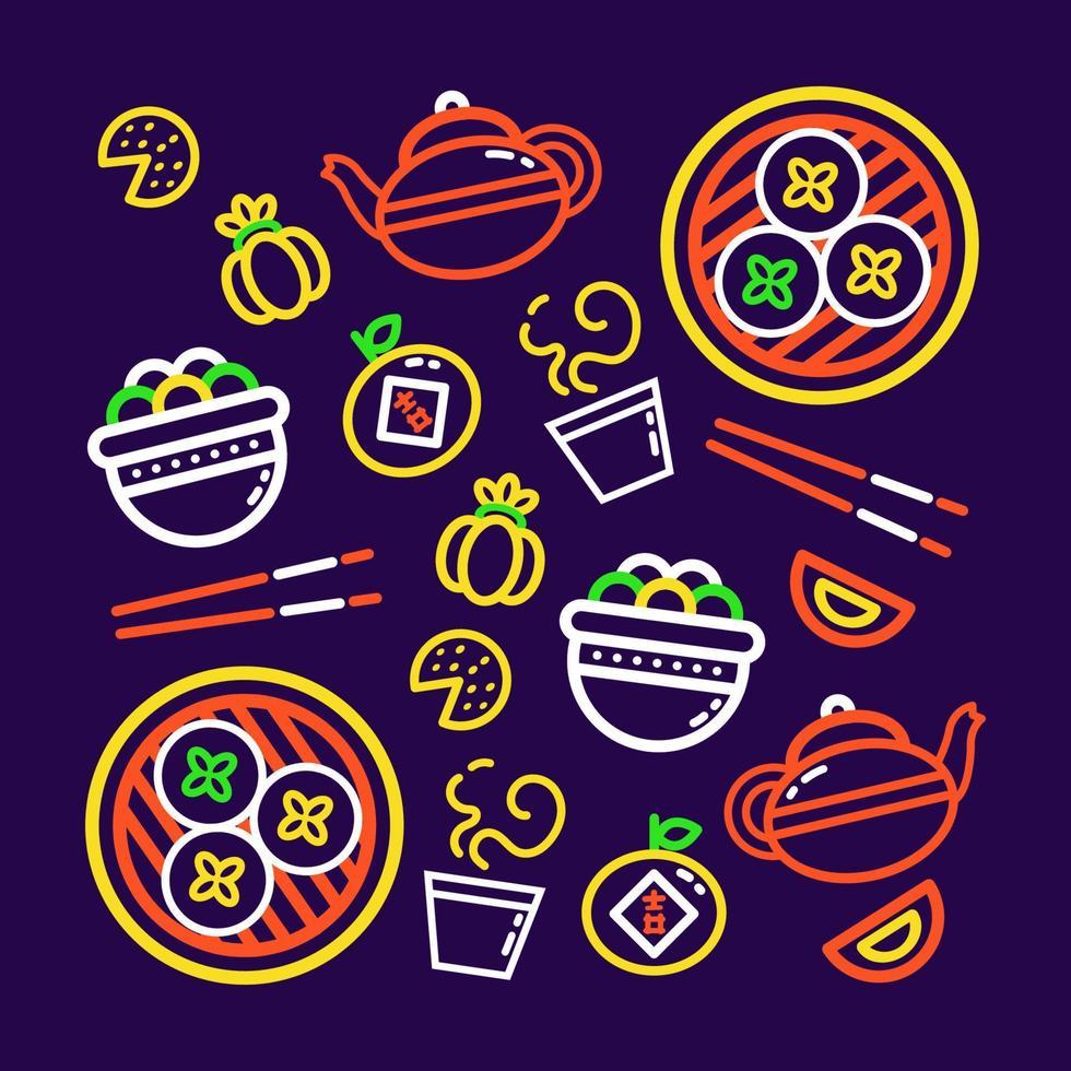 comida china. patrón de esquema de bollos al vapor, té y bolas de bola de masa dulce vector