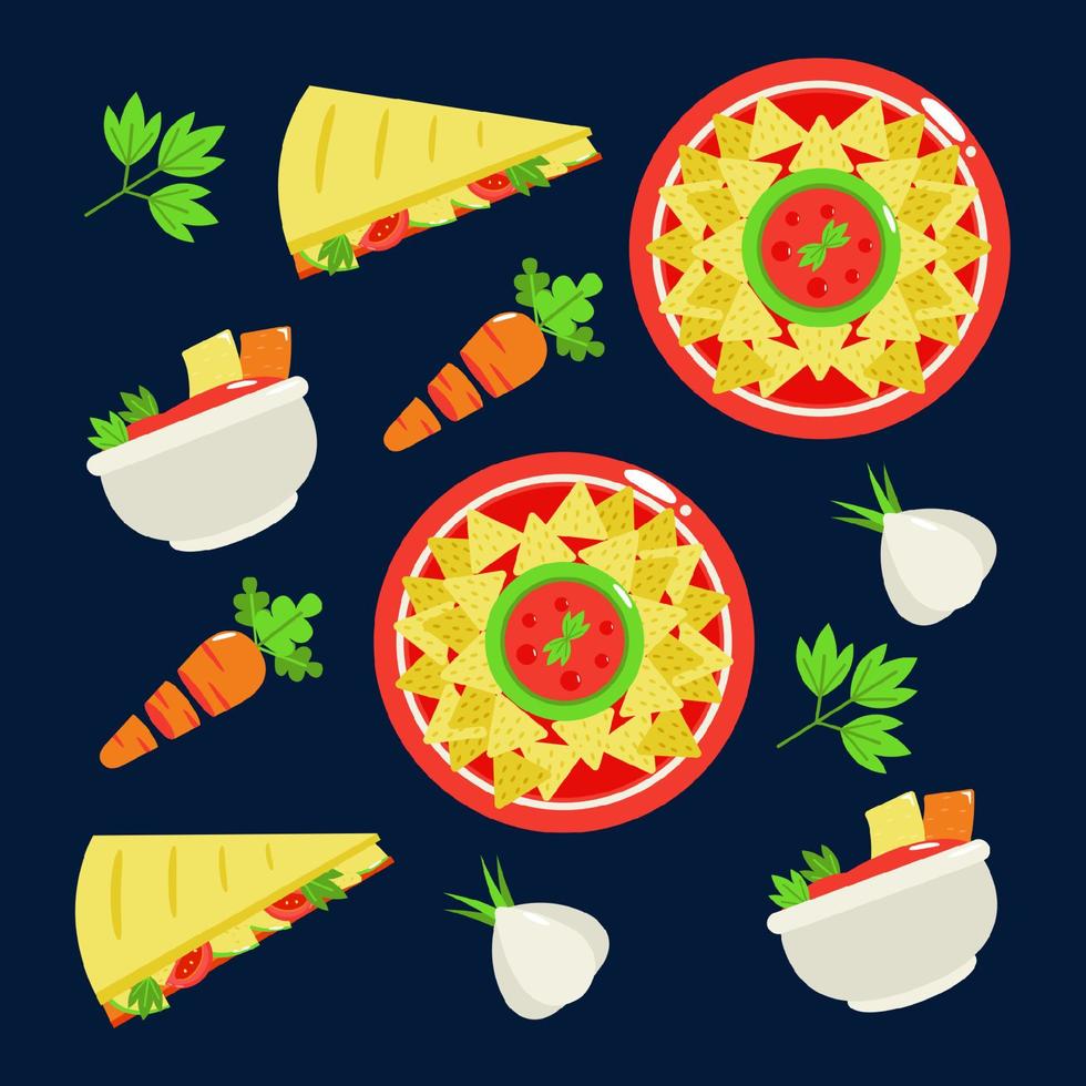 Mexican food. Quesadilla, tortilla chips, carrot and garlic pattern vector