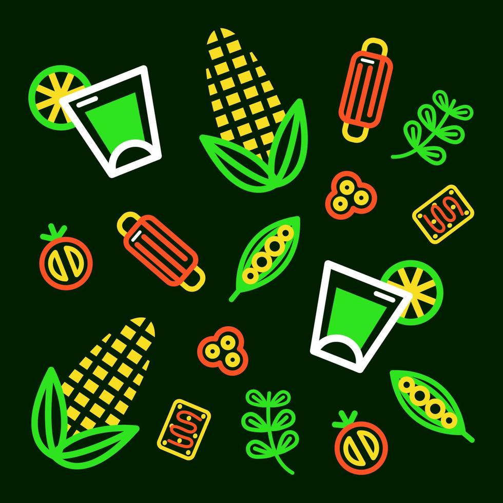 Mexican food. Corn, sausage and tequila outline pattern vector