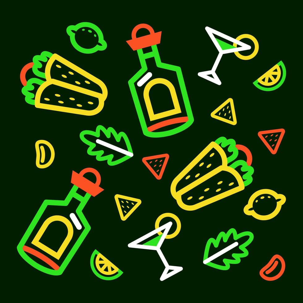 Mexican food, burrito and tequila pattern vector