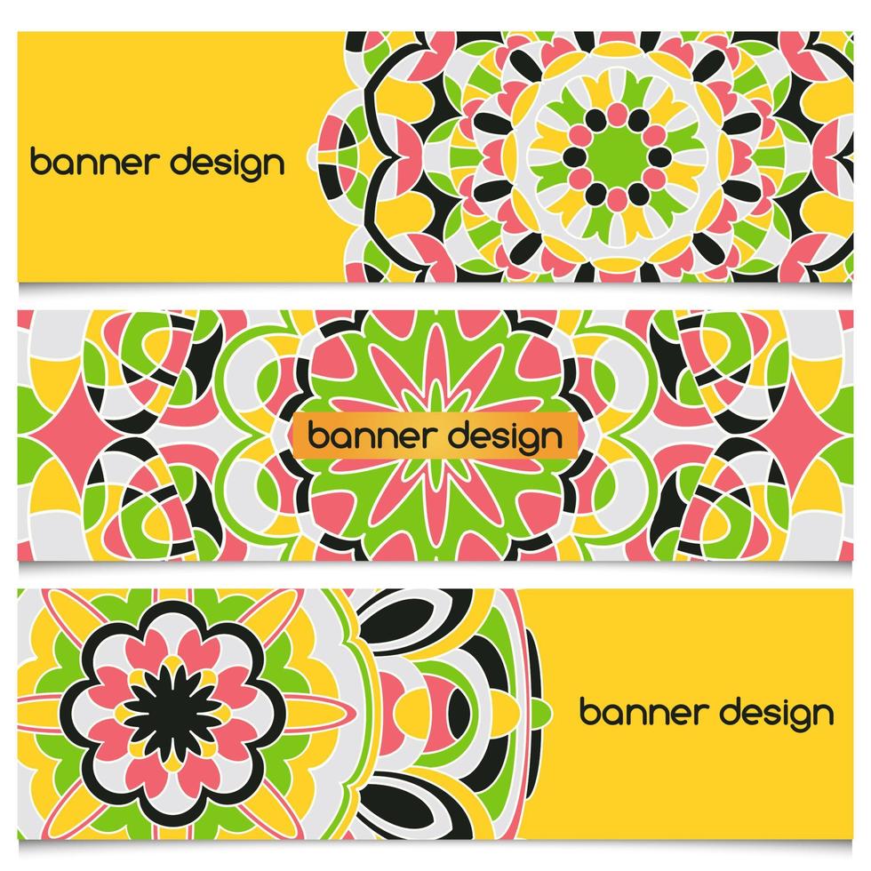 Abstract geometric header vector background with mandala. Set of vector banners with abstract geometric colored shapes. Ethnic pattern cards set.