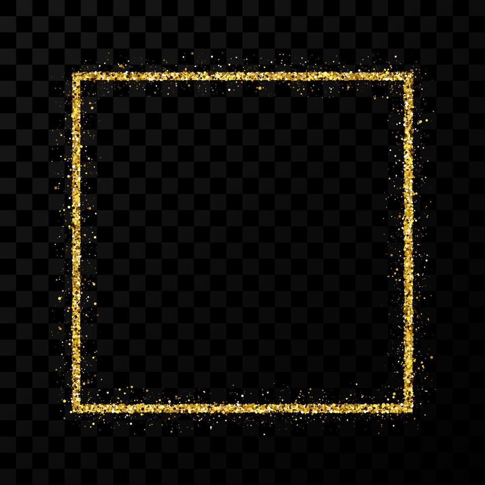 Gold glitter frame. Square frame with shiny sparkles on dark transparent background. Vector illustration