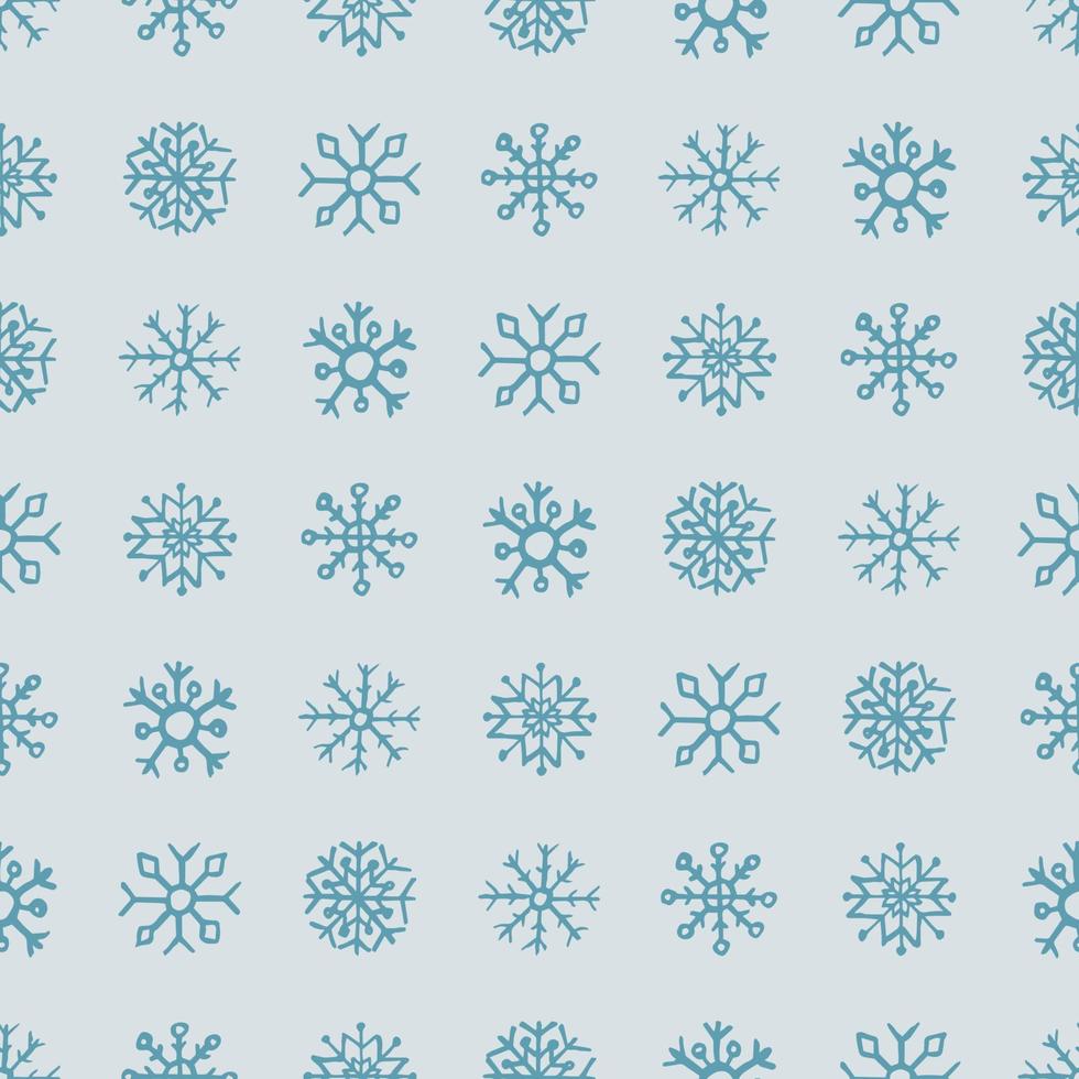 Seamless background of hand drawn snowflakes. Dark blue snowflakes on blue background. Christmas and New Year decoration elements. Vector illustration.