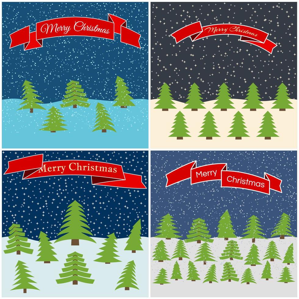 conjunto de cuatro ilustraciones vectoriales con bosque nocturno con cintas rojas con las inscripciones feliz navidad. vector