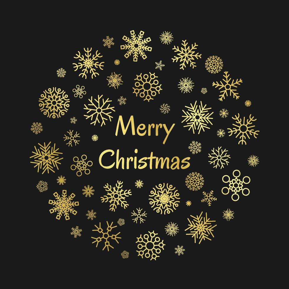 Christmas round banner with gold snowflakes on dark background and inscription Merry Christmas. Vector illustration