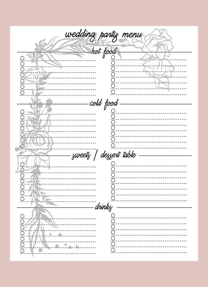 Wedding Party Menu Planner vector