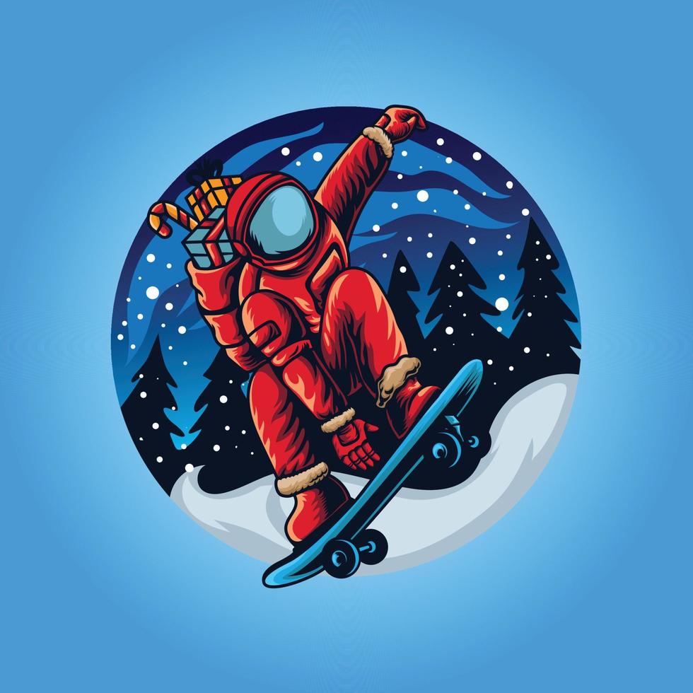 astro santa skateboarding bajo nevadas ilustración vector