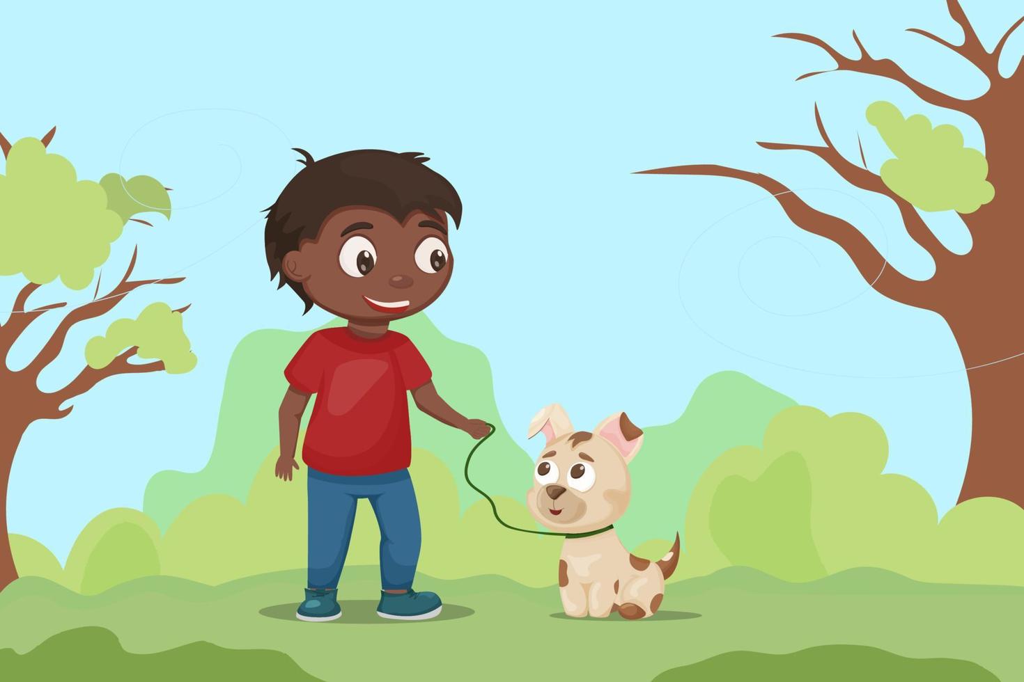un niño negro camina con su perro en verano en el parque. linda ilustración plana. mes de pasear perros vector