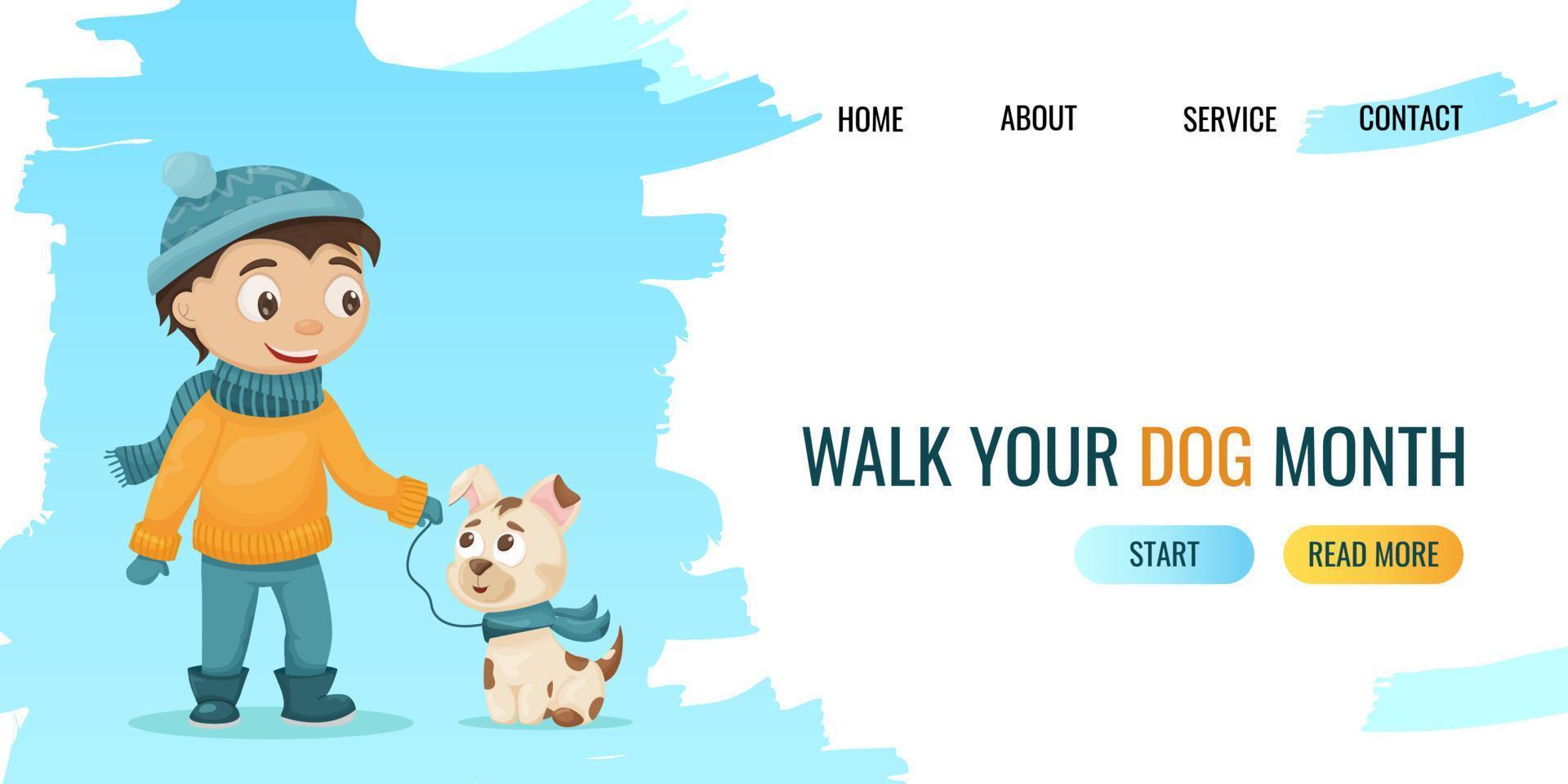 A child walks with his dog in the winter in the park. Cute flat illustration. Dog walking month. website, banner template vector