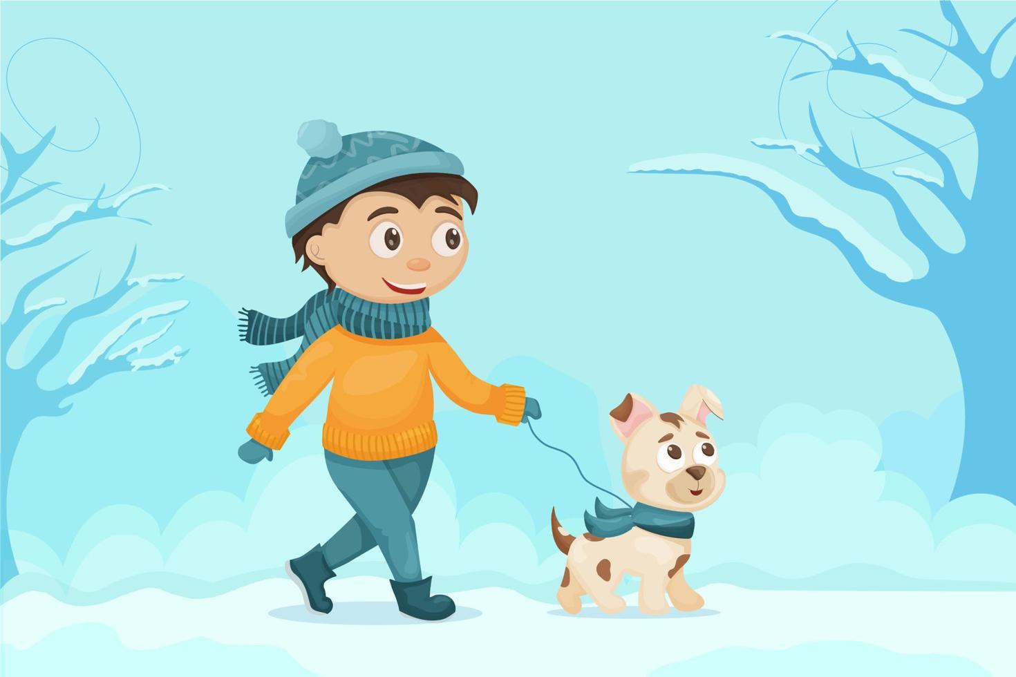 un niño camina con su perro en invierno en el parque. linda ilustración plana. mes de pasear perros vector