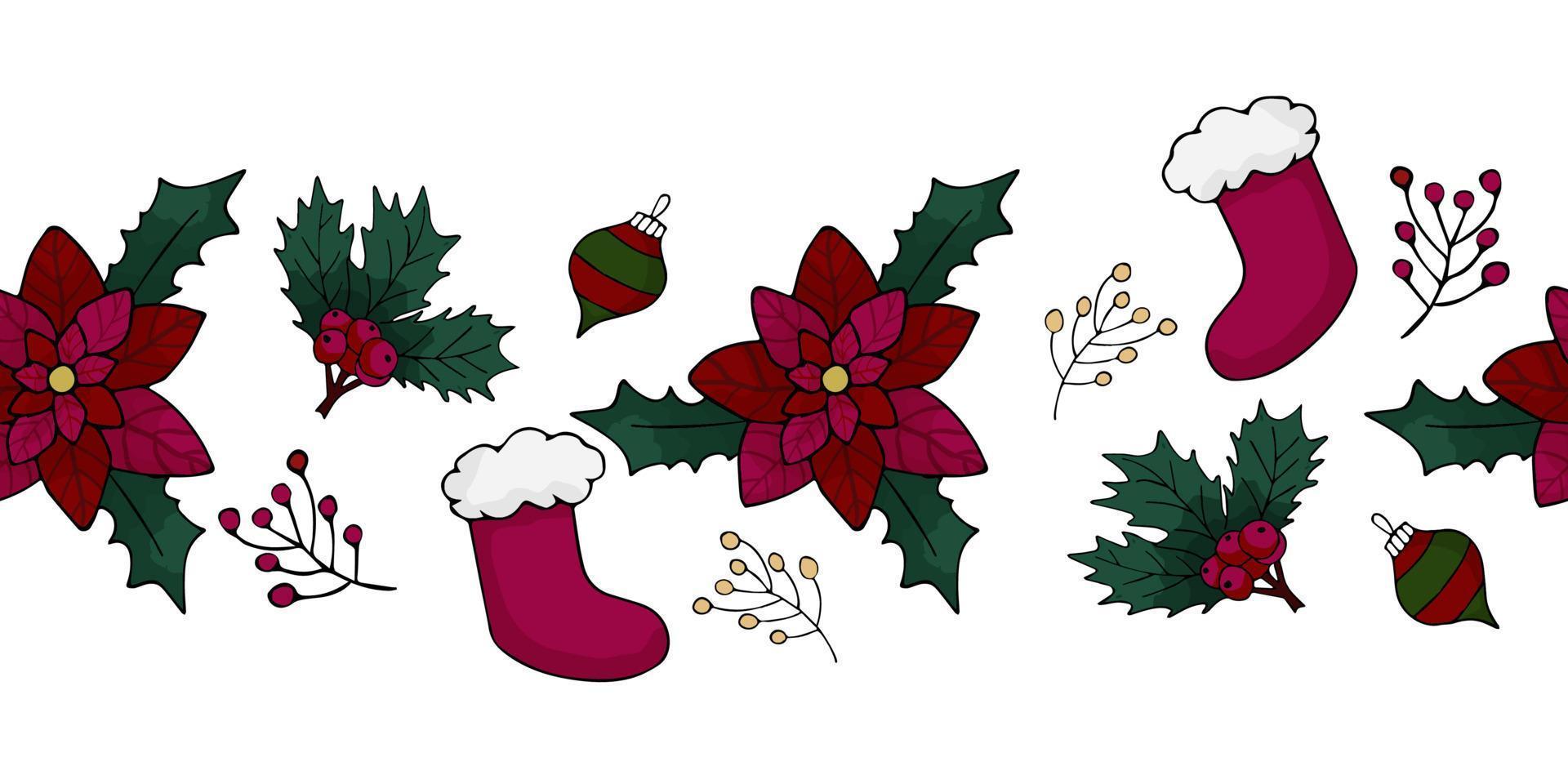 christmas decoration with holly berries.Merry Christmas.Seamless border with cartoon decorations.  Vector illustration. Hand draw style.