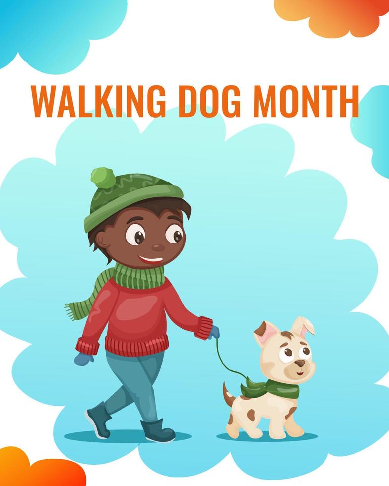 un niño negro camina con su perro en invierno. linda ilustración plana. Mes de pasear perros. sitio web, plantilla de banner vector