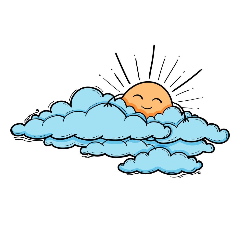 Sun and Cloud kids drawing for nursery in cartoon outline style. Blue boy vector illustration isolated