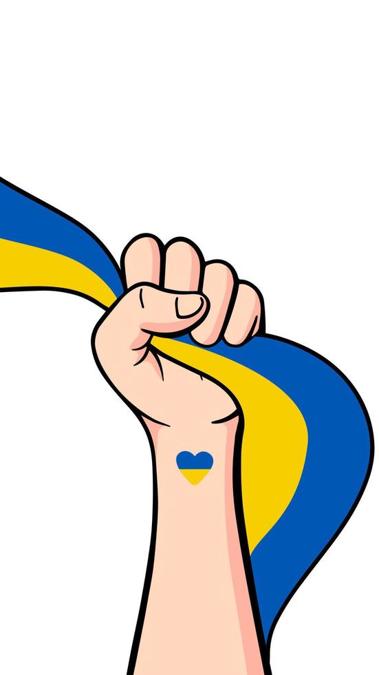 Save Ukraine demonstration, Stop War peaceful protest poster. Human arm fist with Ukrainian flag. Background vector illustration with copy space