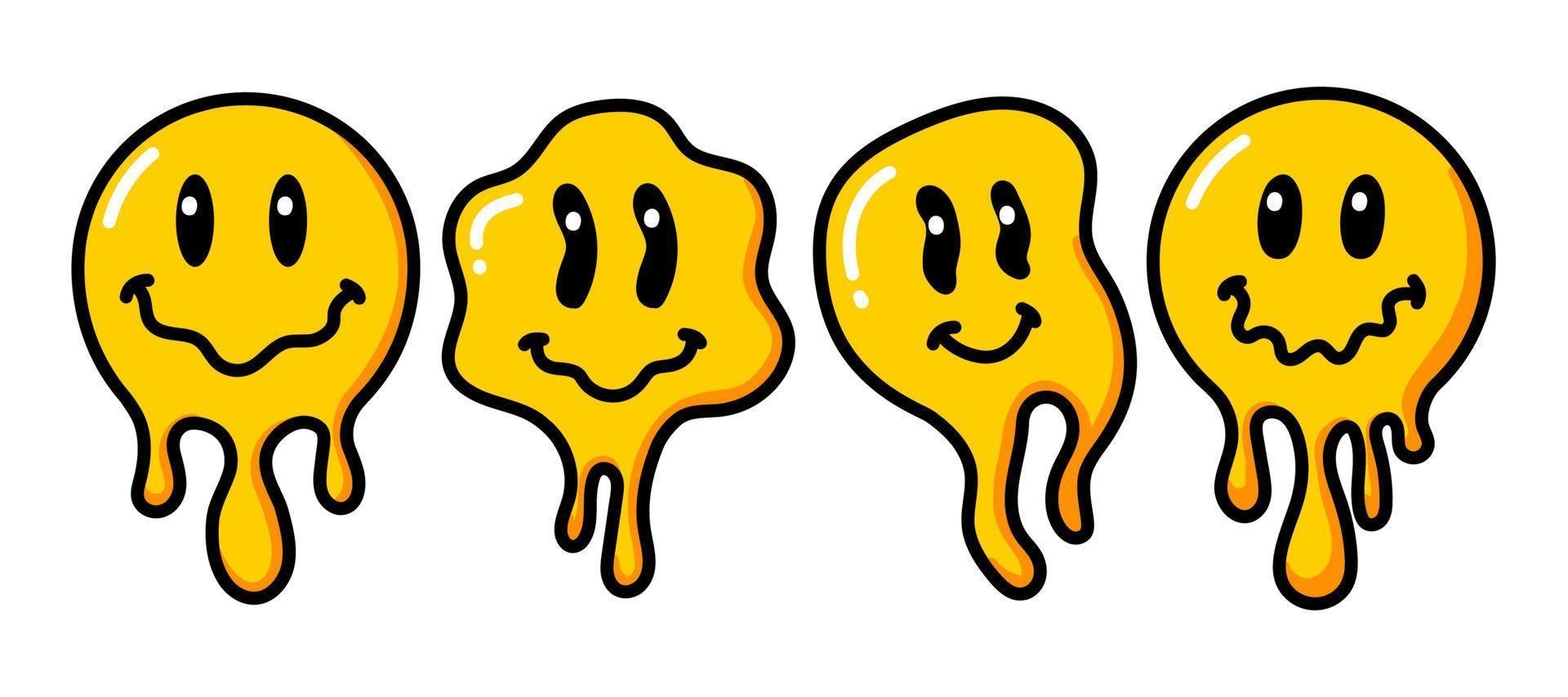 Melting smile vintage illustration. Retro psychedelic melt smile face logo. Dripping smile. Good mood. Positive emoji sticker. Vector groovy emoji face.