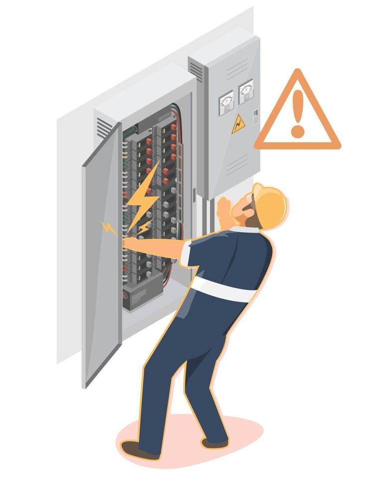 el trabajador está lesionado choque eléctrico accidente electricidad caja poder empleado negligencia técnicos ingeniería control servicio mantenimiento isométrico vector aislado