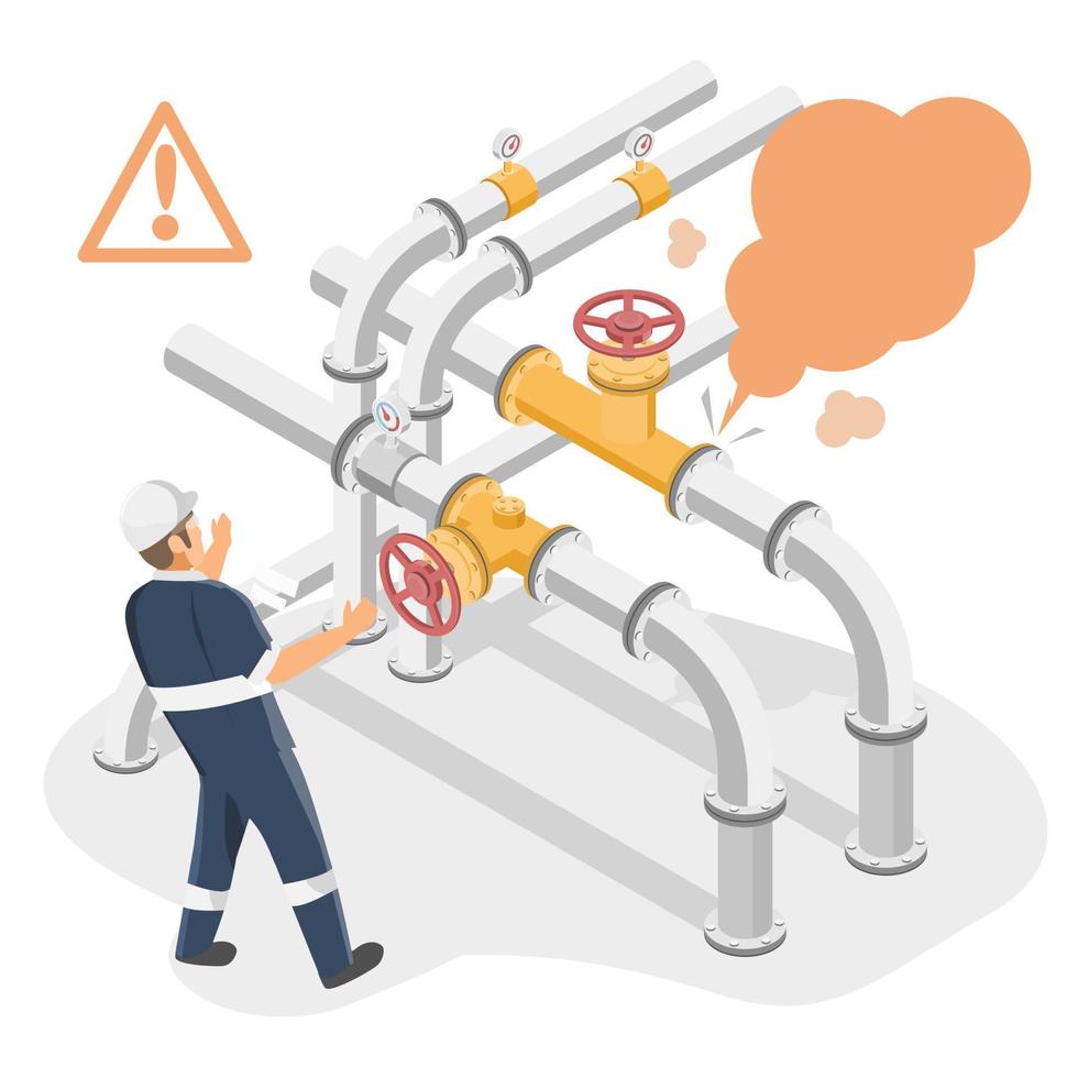 Gas pipe leak valves and piping emergency appliances for Gas pumping station gas industry break and gas transport rupture system isometric vector isolated