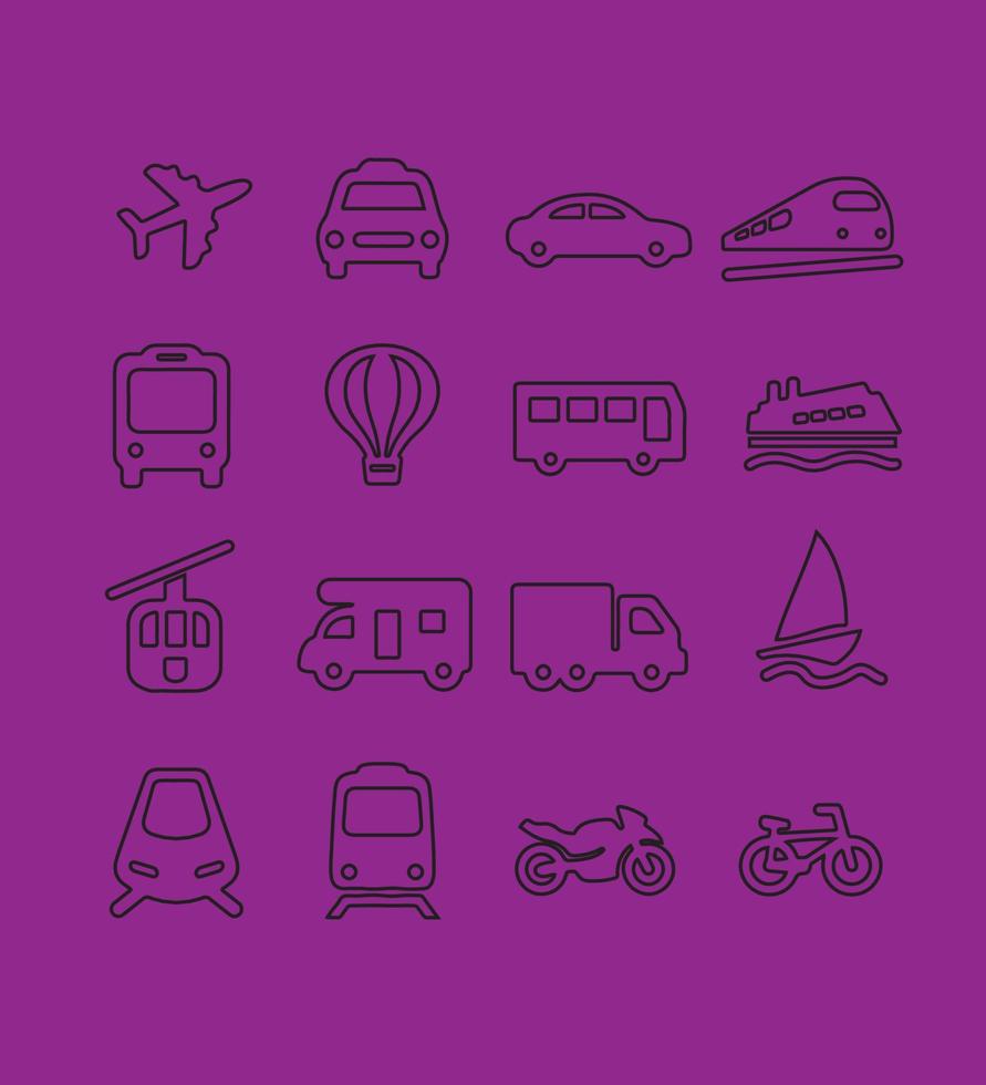 Collection of transport icons for travel illustration with stroke pattern vector