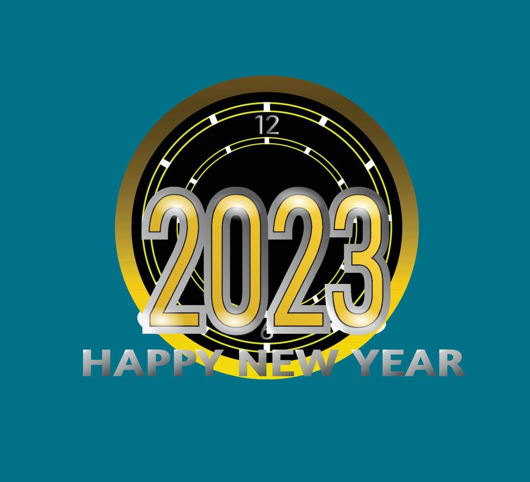 Images of Happy New Year 2023 with a golden background and the concept of a time clock vector