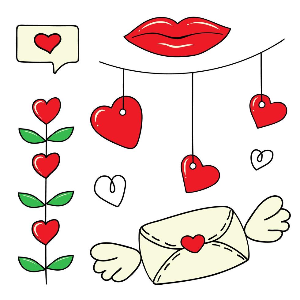 conjunto vectorial de colgantes con corazones, labios, corazones simples, ramitas con hojas y corazones, sms, sobre con alas. elementos de fideos dibujados a mano aislados en un fondo blanco. vector