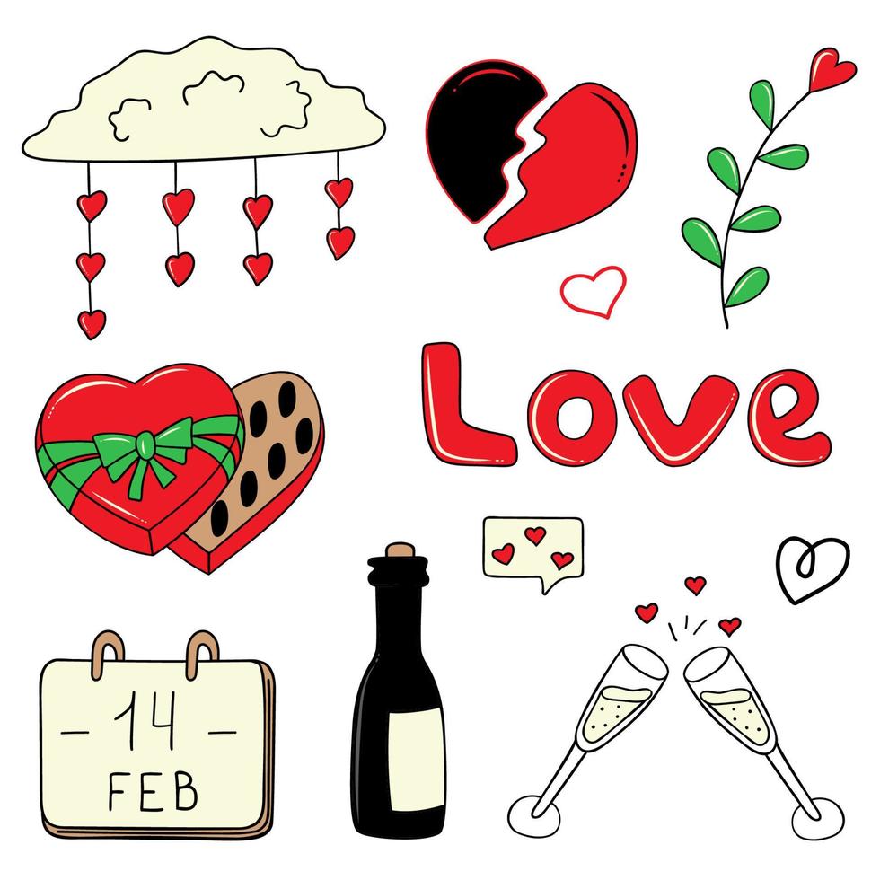 A set of elements - champagne, champagne glasses, a broken heart, a box of sweets, a calendar with the date February 14. A set of elements for the holiday of all lovers, Valentine's Day, birthday. vector