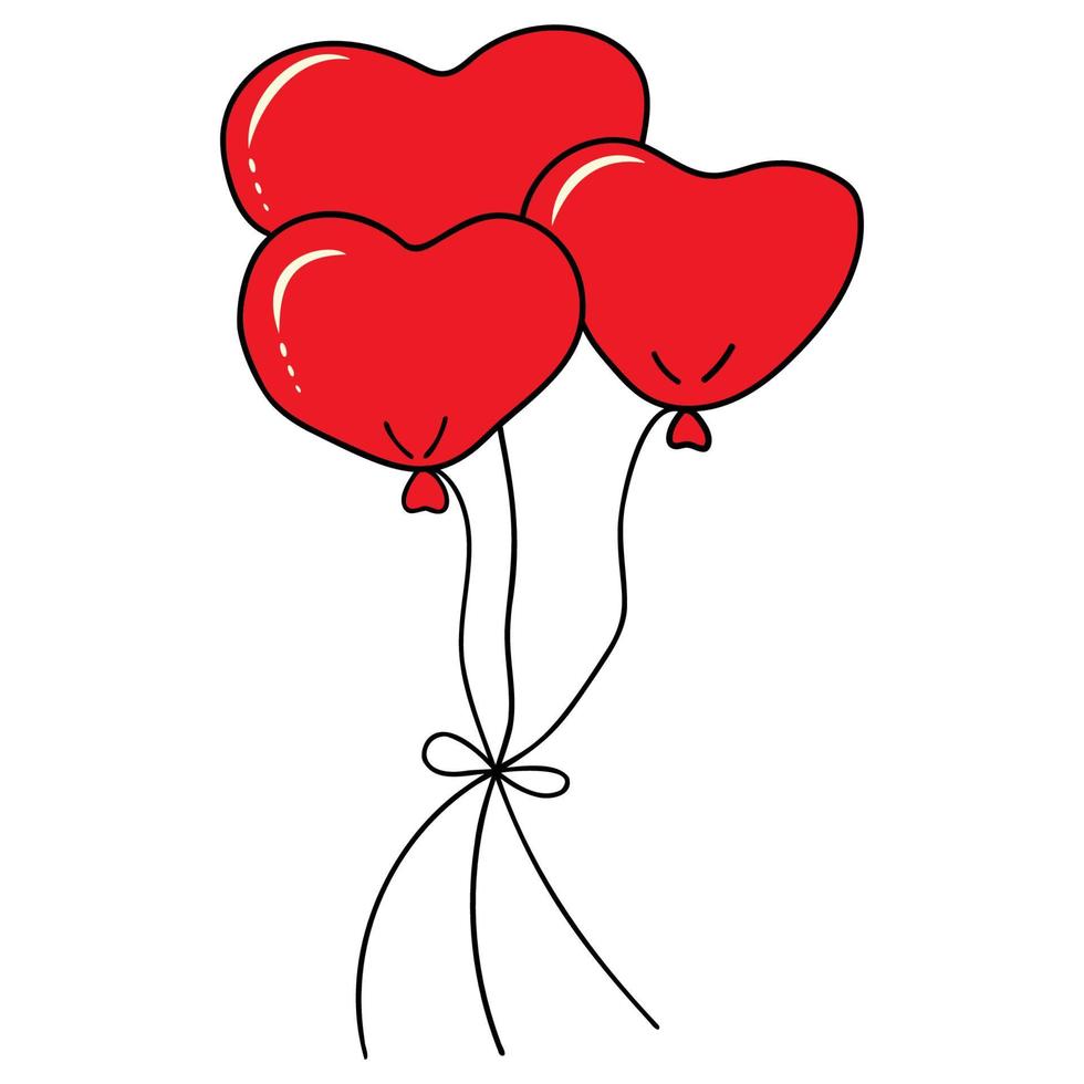 Vector drawing of balloons in the form of hearts. Hand-drawn doodle elements isolated on a white background.