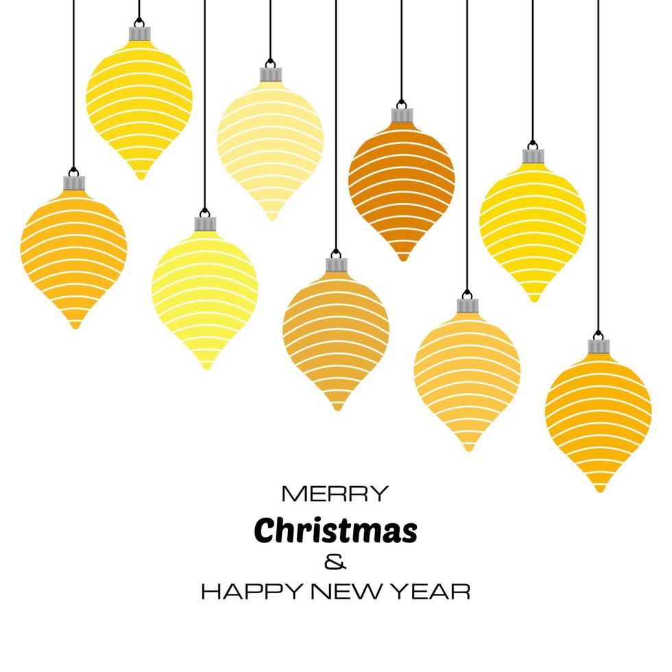 Merry Christmas and Happy New Year background with yellow christmas balls. Vector background for your greeting cards, invitations, festive posters.