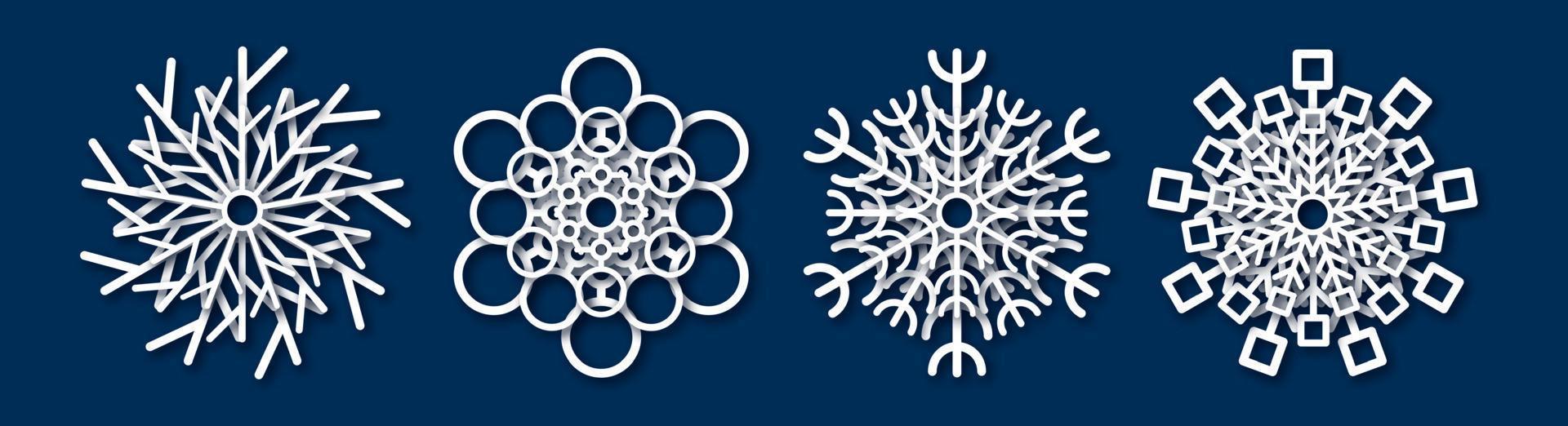 Paper cut snowflake. Set of four white snowflakes on blue background. Christmas and New Year decoration elements. Vector illustration
