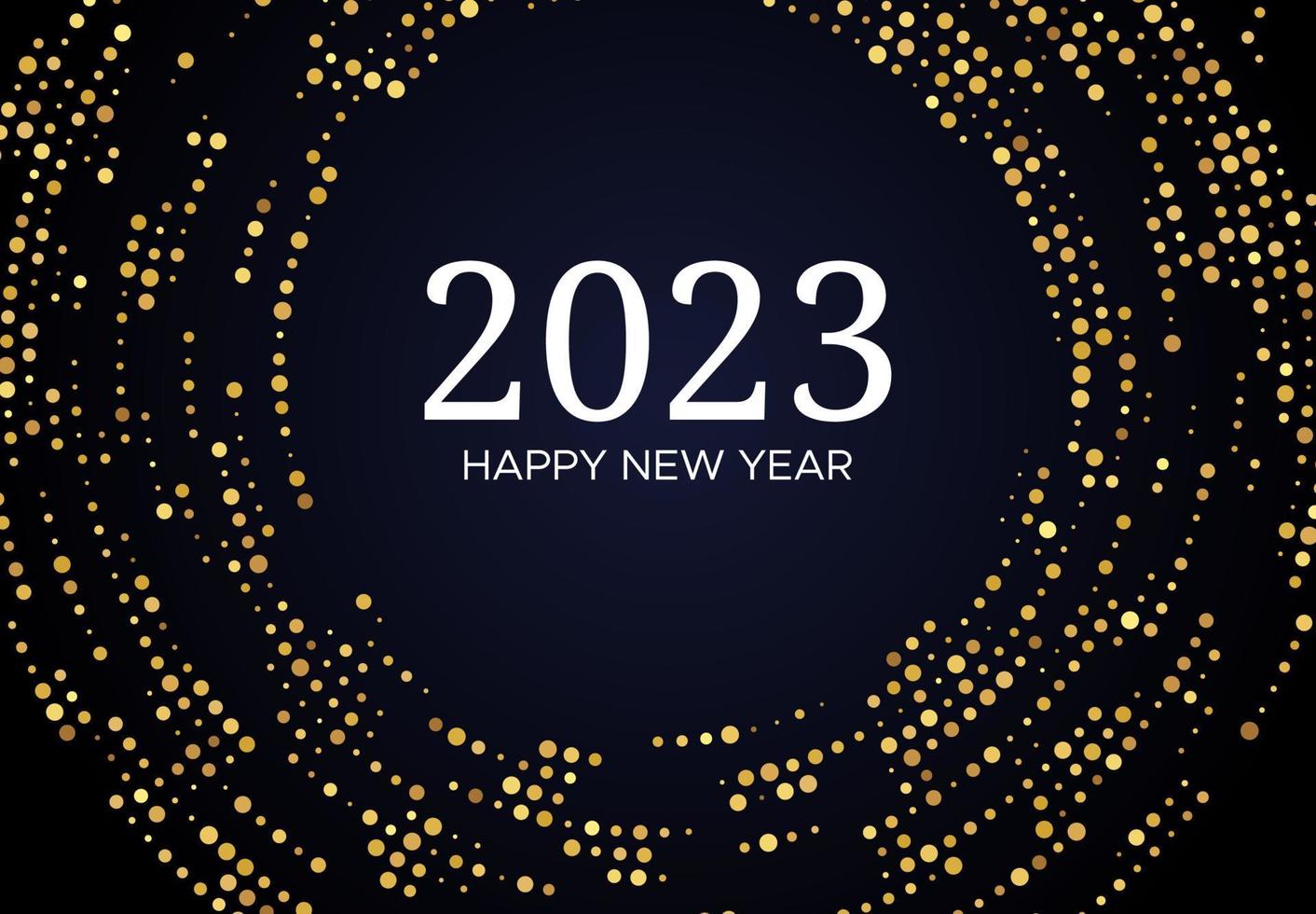 2023 Happy New Year of gold glitter pattern in circle form. Abstract gold glowing halftone dotted background for Christmas holiday greeting card on dark background. Vector illustration