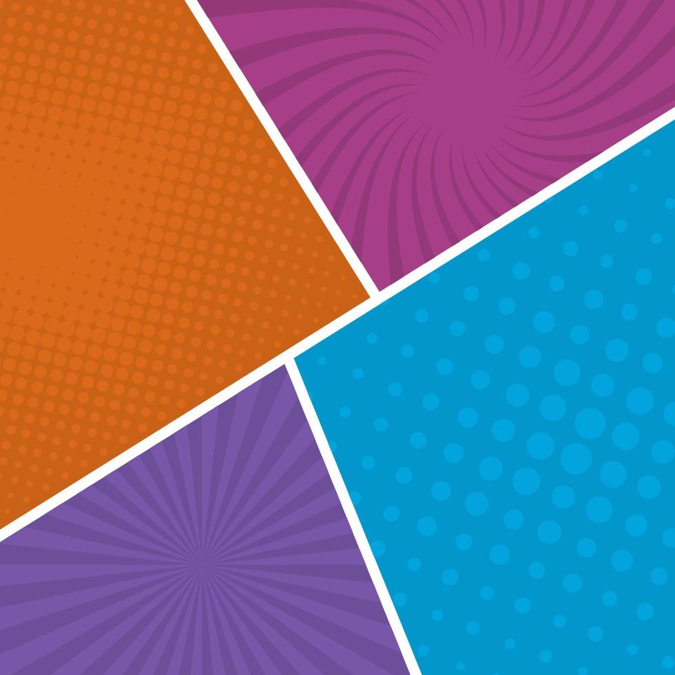 Colorful comic book page background in pop art style. Empty template with rays and dots pattern. Vector illustration