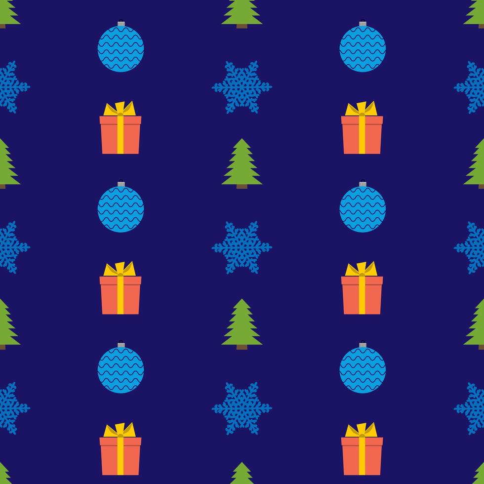 Christmas semless pattern with snowflake, christmas ball, gift box and Christmas tree on blue background. Vector illustration