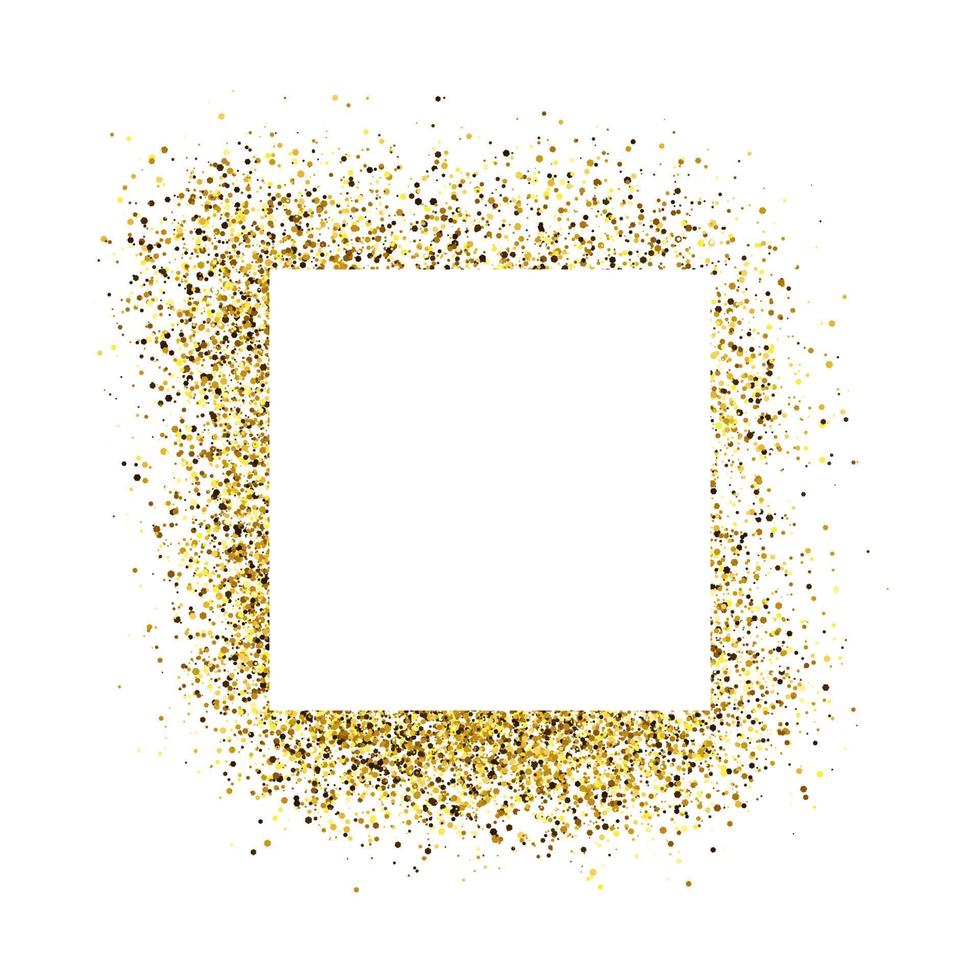 Greeting card with white square frame on golden glitter background. Empty white background. Vector illustration.
