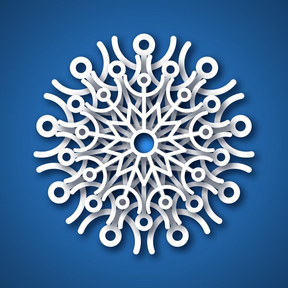 Paper cut snowflake. White snowflake on blue background. Christmas and New Year decoration elements. Vector illustration