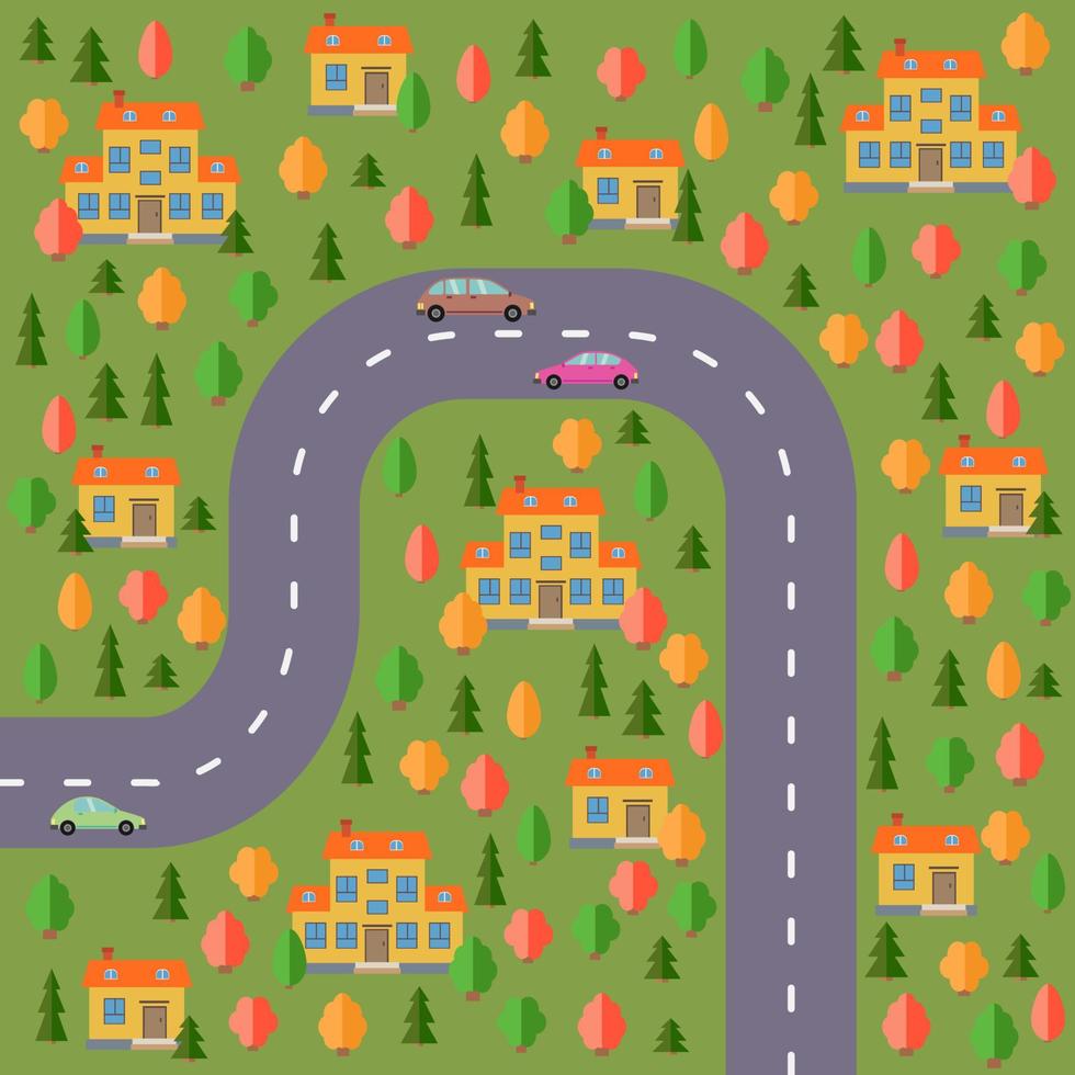 Plan of village. Landscape with the road, forest, cars and houses. Vector illustration