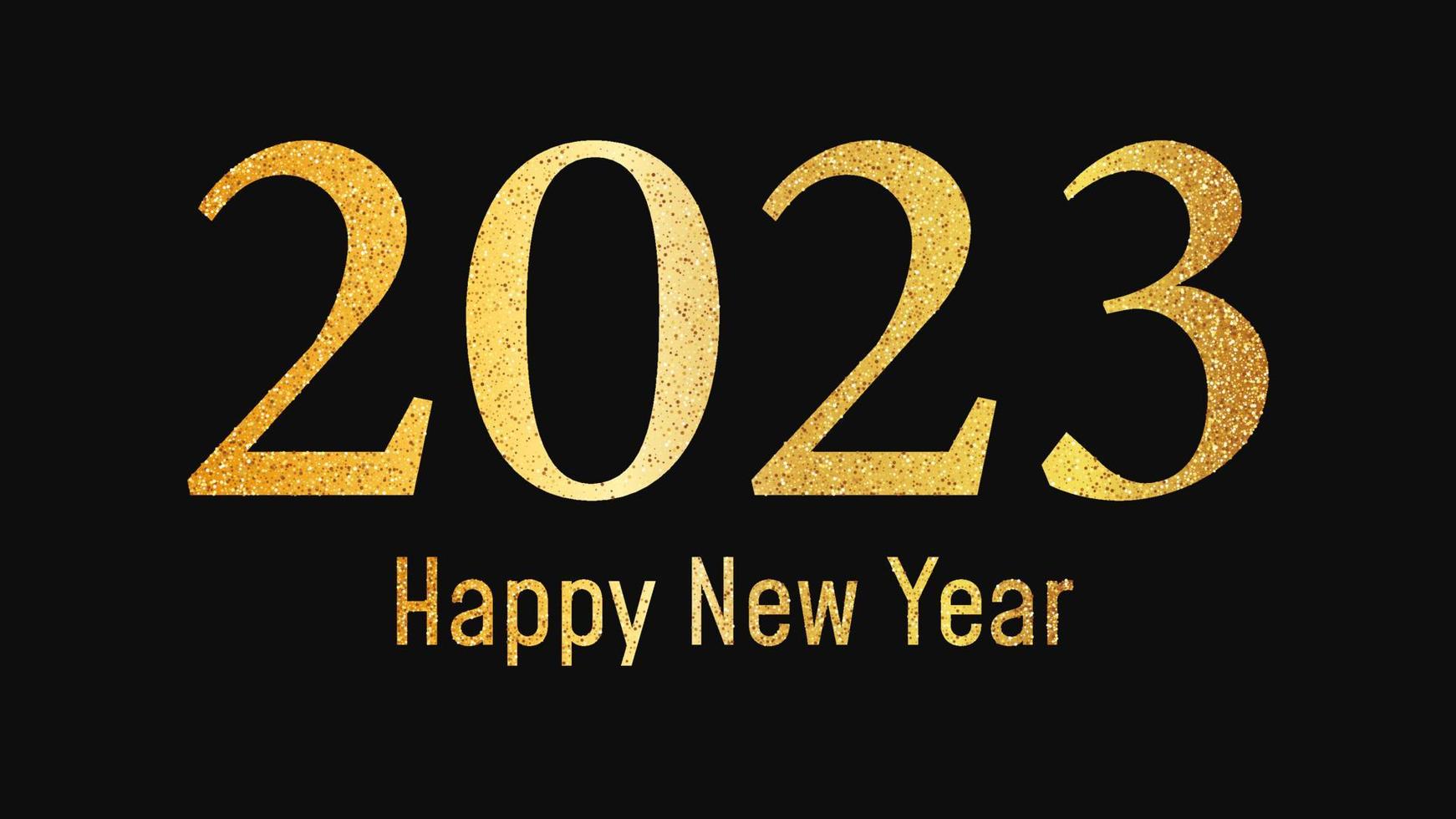 2023 Happy New Year gold background. Abstract backdrop with a gold glitter inscription on dark for Christmas holiday greeting card, flyers or posters. Vector illustration