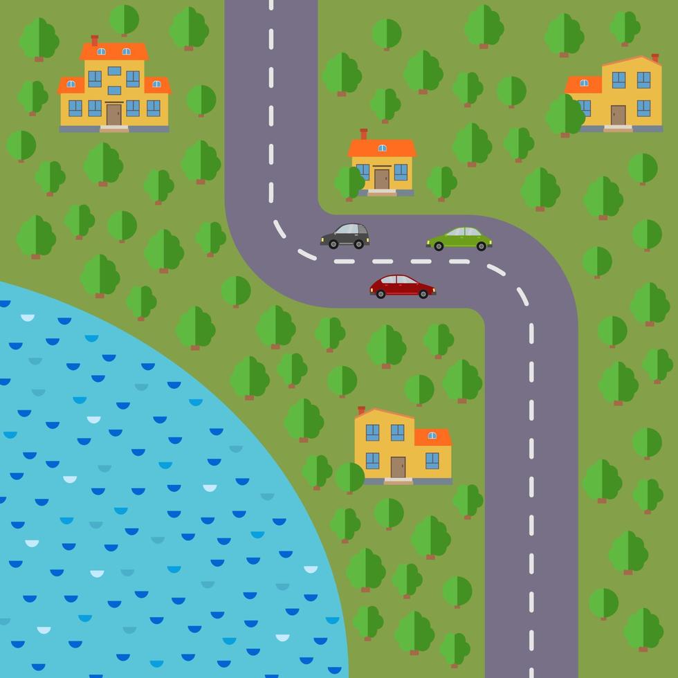 Plan of village. Landscape with the road, forest, lake, cars and houses. Vector illustration