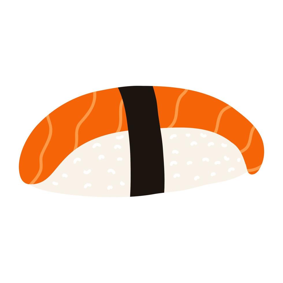 Sushi nigiri with salmon in cartoon flat style. Hand drawn Japanese traditional cuisine vector