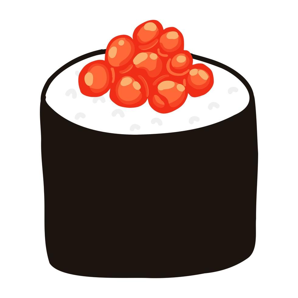 sushi con caviar rojo en estilo plano de dibujos animados. cocina tradicional japonesa dibujada a mano vector