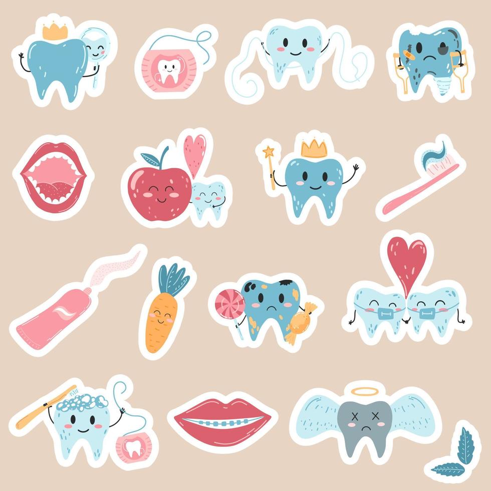 Hand drawn stickers with kawaii teeth characters in cartoon flat style. Vector illustration of healthy and sick tooth