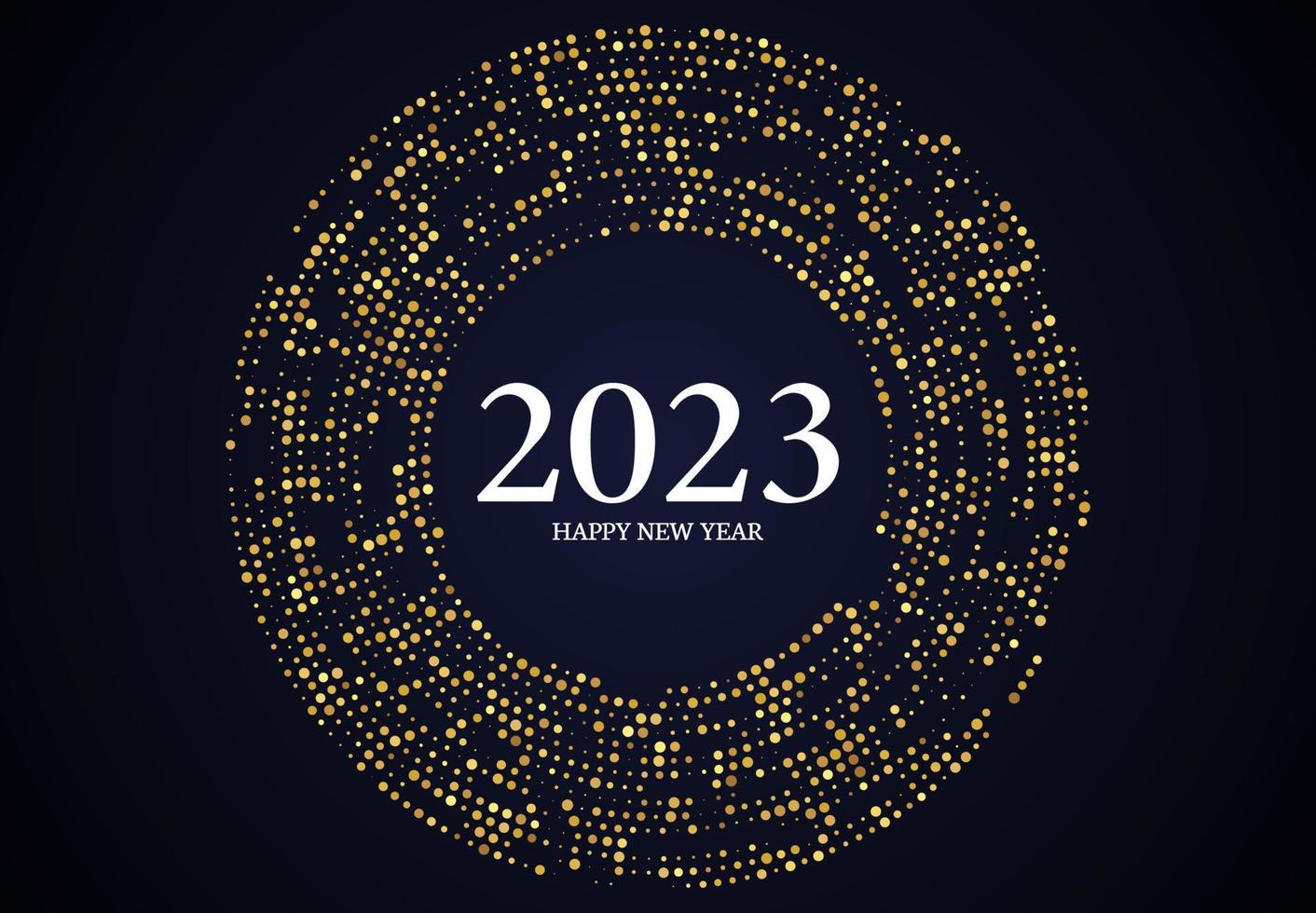 2023 Happy New Year of gold glitter pattern in circle form. Abstract gold glowing halftone dotted background for Christmas holiday greeting card on dark background. Vector illustration