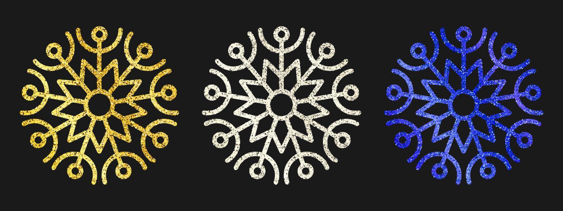 Glitter snowflakes on dark background. Set of three gold, silver and blue glitter snowflakes. Christmas and New Year decoration elements. Vector illustration.